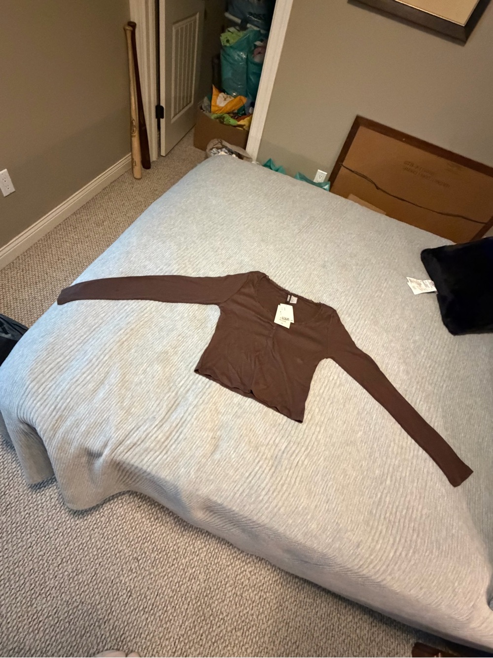 NWT H&M Divided Brown Lace Trim Cotton Henley Long Sleeve Tee, Size Medium
